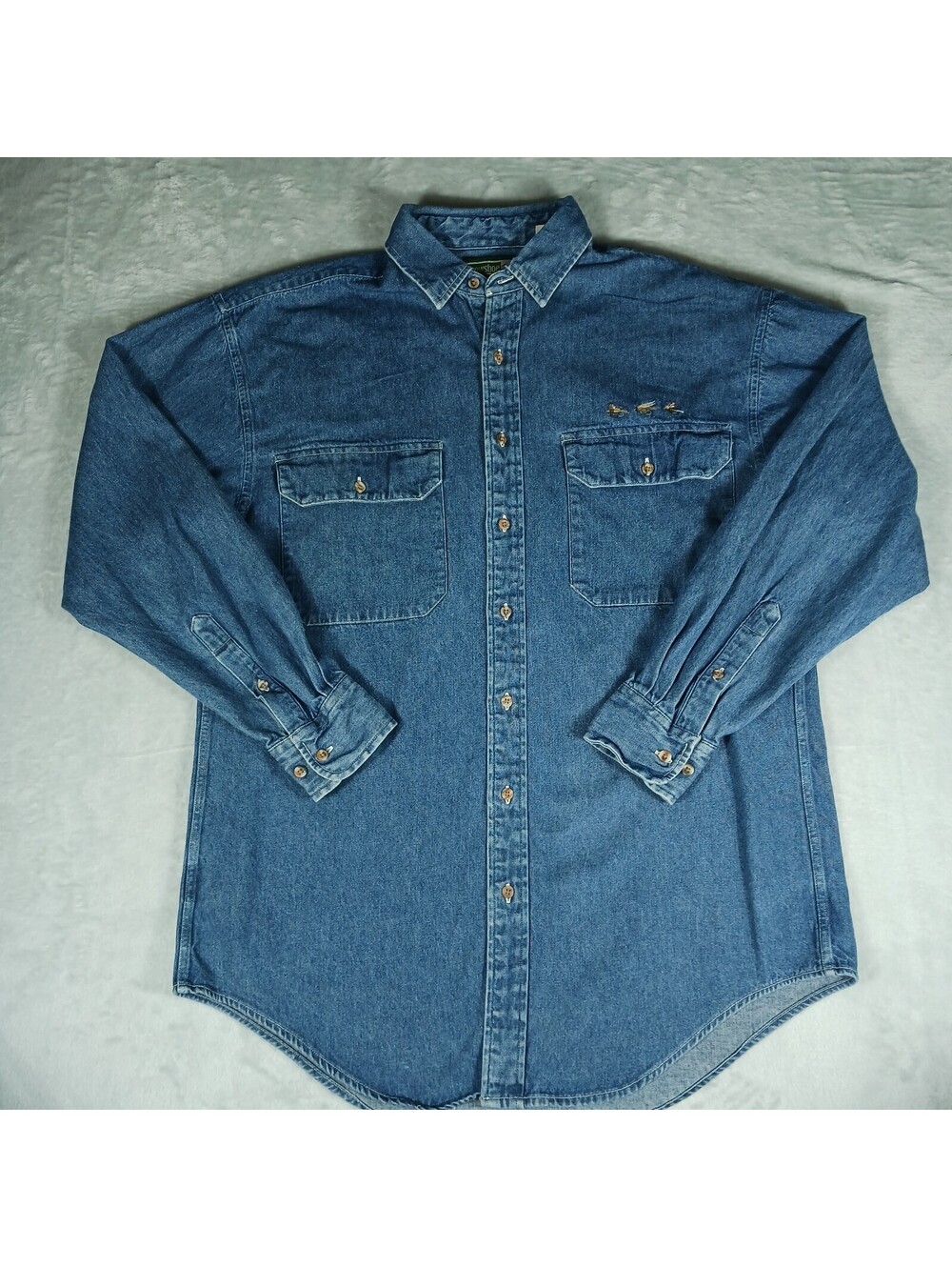 Snowshoe Thompson Shirt Mens Large Chambray Fly Fishing Button Down Embroidery